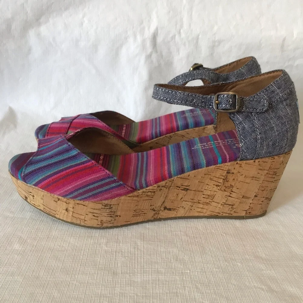 Toms Sienna Chambray Cork Wedge Sandals